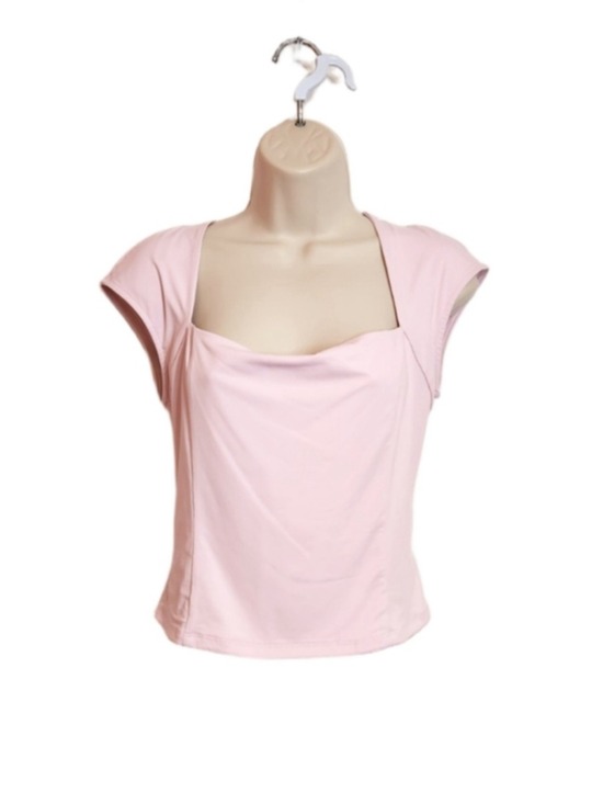 Elodie Tops - Elodie Square Neck Cap Sleeve Knit Crop Fitted Blouse Top Light Pink Large
